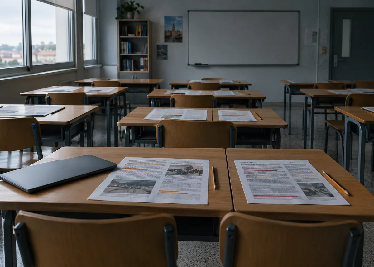 Aula de instituto con pupitres de madera y hojas de prensa subrayadas